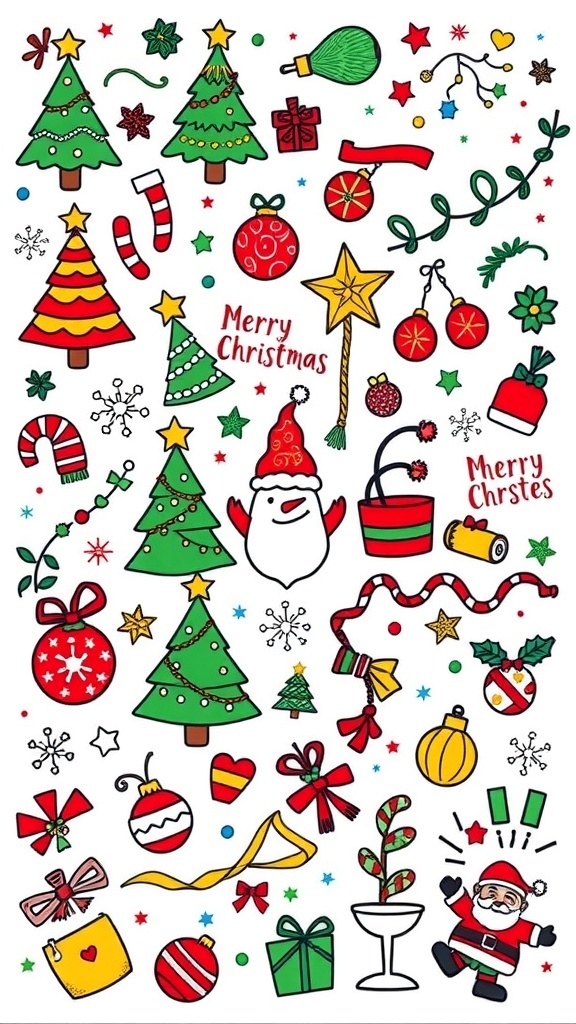 Christmas Doodles Vector Art A collection of colorful Christmas doodles including trees, snowflakes, and Santa Claus in vector format.